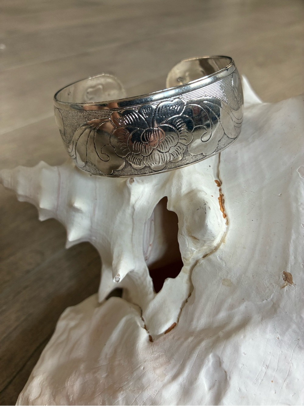 Silver Peony Engraved Cuff Bracelet